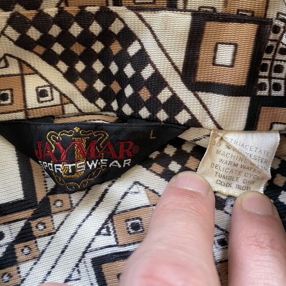 Vintage Jaymar Disco Shirt Large Black Tan Abstract Pattern Acetate Slinky 70s - Picture 4 of 8